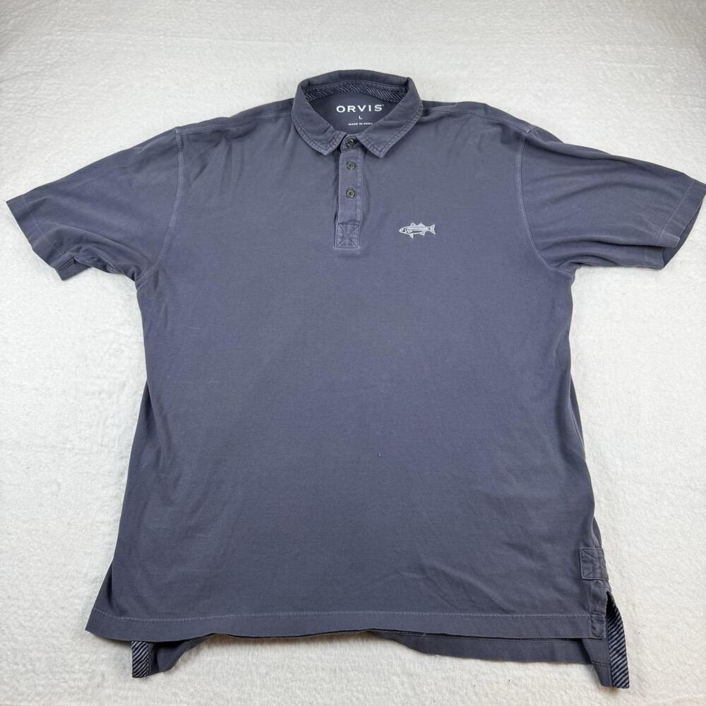 Orvis Polo Shirt Mens Size L Gray Fish Embroidered Cotton Casual Fishing Summer